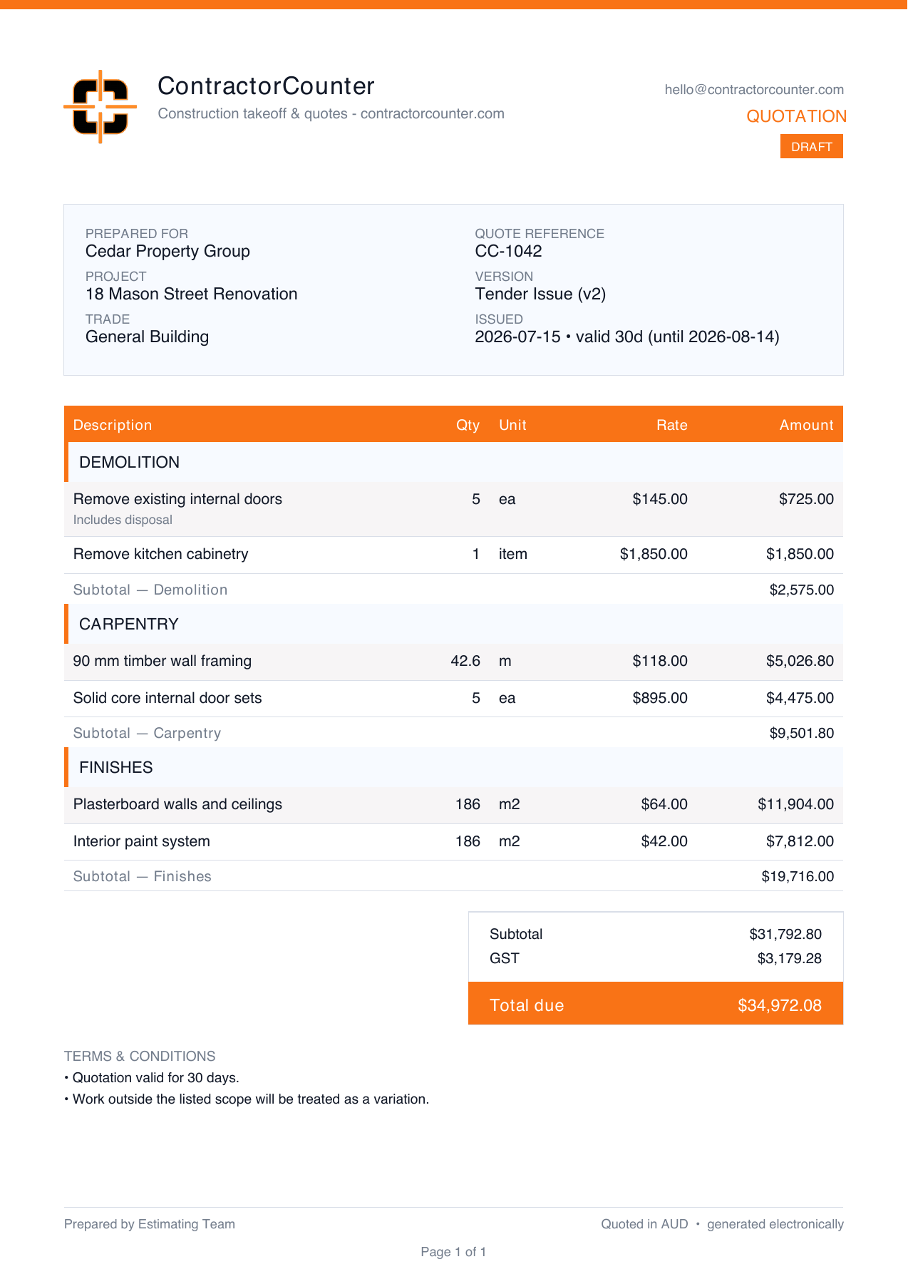 ContractorCounter quotation PDF with project details, line items, section totals, GST, and terms