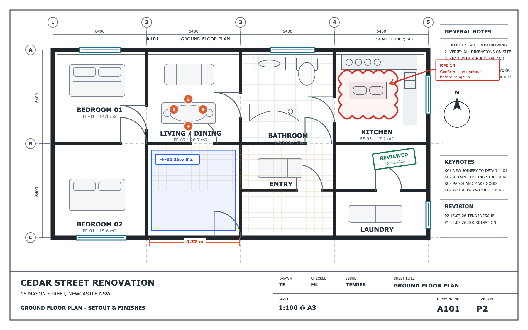 Detailed architectural plan export with area, count, dimension, revision cloud, callout, and review stamp markups