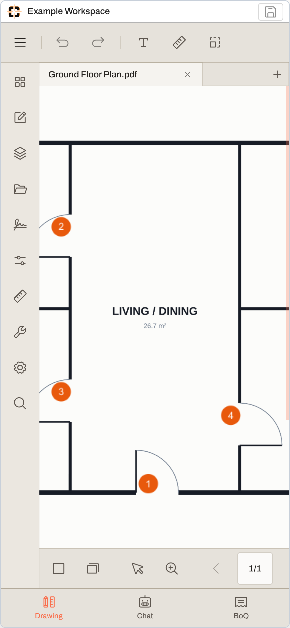ContractorCounter compact phone workspace with Drawing, Chat, and BoQ tabs