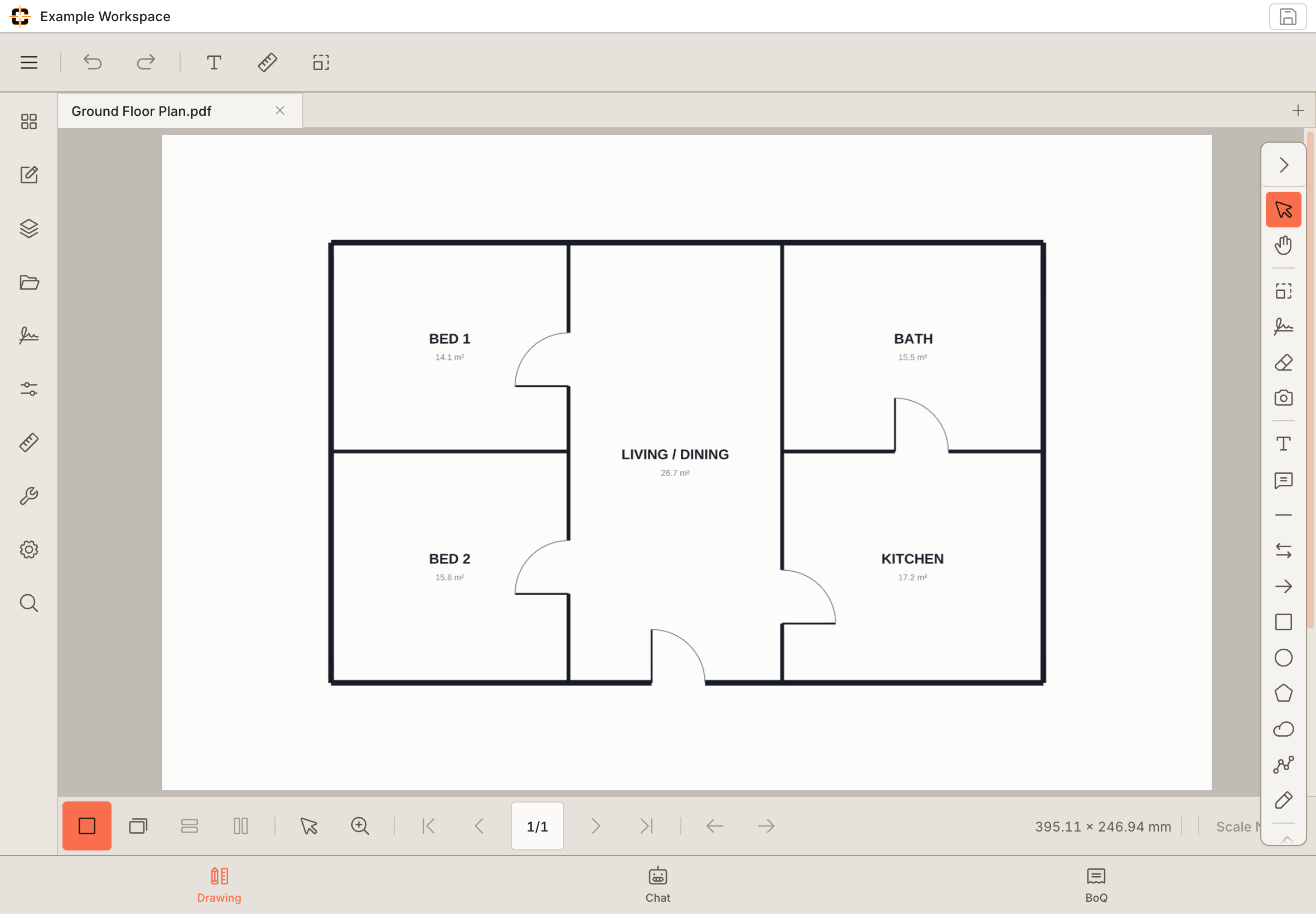 The same workspace on a tablet, with the floor plan open and the Drawing, Chat, and BoQ tabs along the bottom